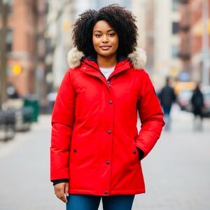 Women's Vibrant Red Ski Jacket with Faux Fur Hood